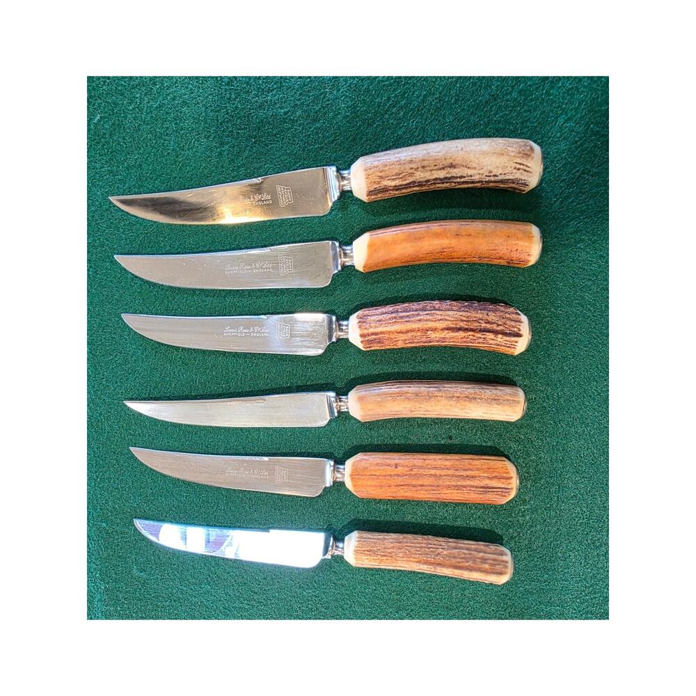 Lewis Rose & Co. Vintage Stag-horn Steak Knives set of 6 w/ Wooden Case England